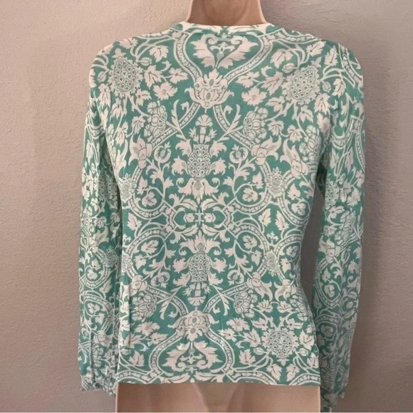 𝅺ann Taylor LOFT teal & white detailed button up sweater, S, floral pineapples. - Picture 13 of 13